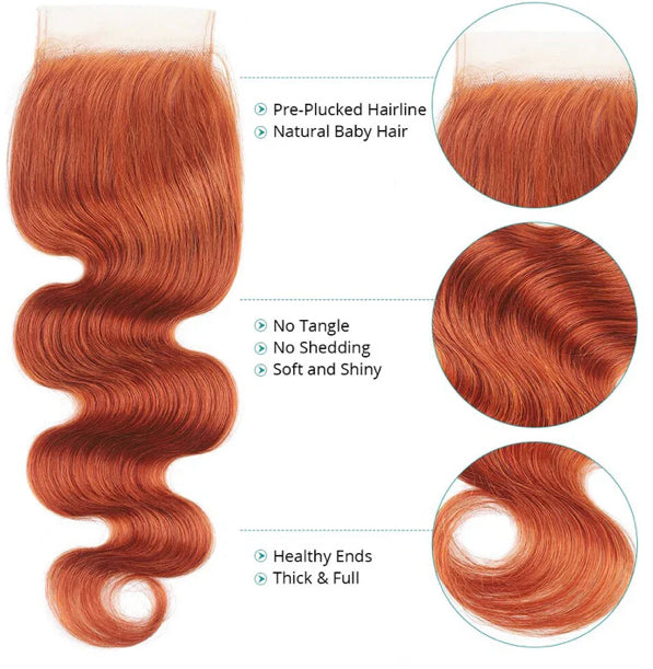 Lushlanes 350 Ginger Orange Body Wave 3
Bundles With 4×4 Lace Closure 100% Remy Hair Extension