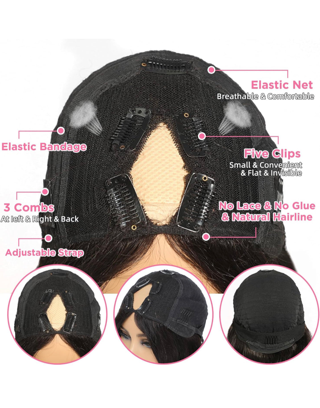 Lushlanes Glueless V Part Human Hair Wig, Straight Clip-in Human Hair Wigs for Black Women, Seamless, No Side Parting, Suitable for Beginners, Natural Black 150%