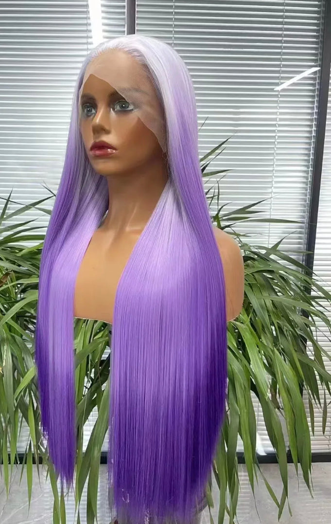 Lushlanes Ombre PurpleLong Fiber Wig Straight Straight 13 × 4 Lace Frontal perruque 150% Densité