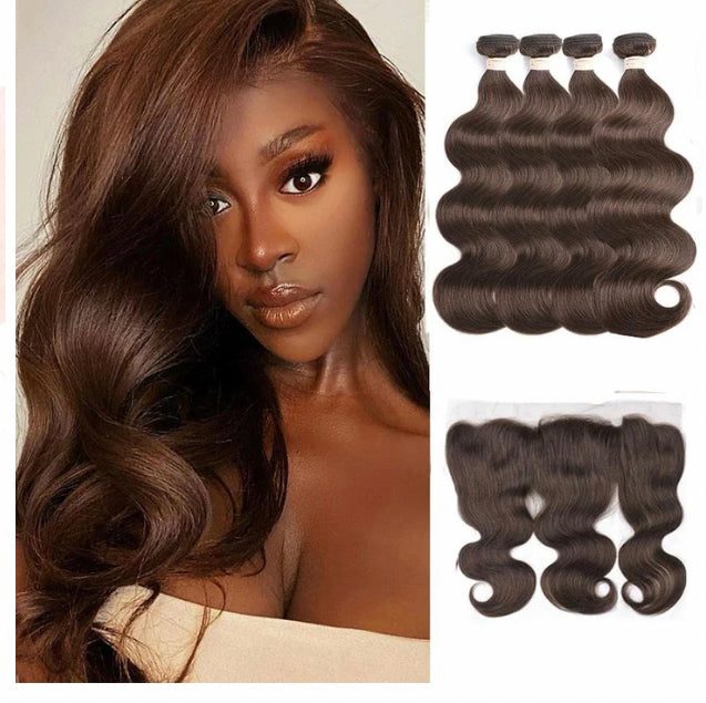 Lushlanes Brown Body Wave 4 Bundles With 13×4 Lace Frontal Pre Colored