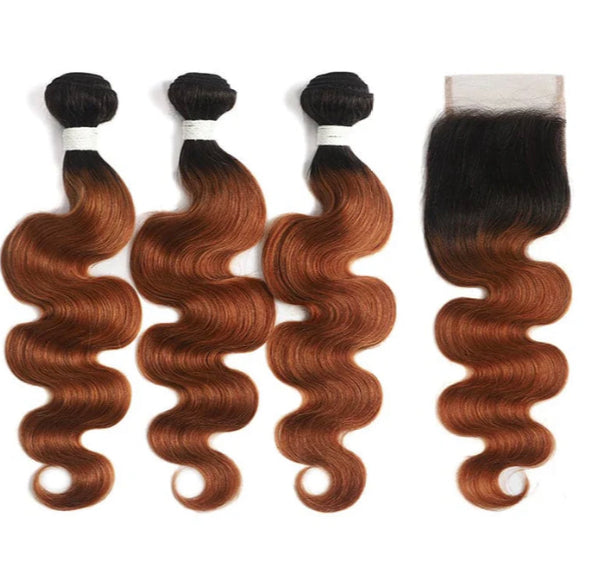 Lushlanes Ombre 1B/30 Body Wave 3 Bundles With Closure 4x4 pre Colored 100% virgin human hair