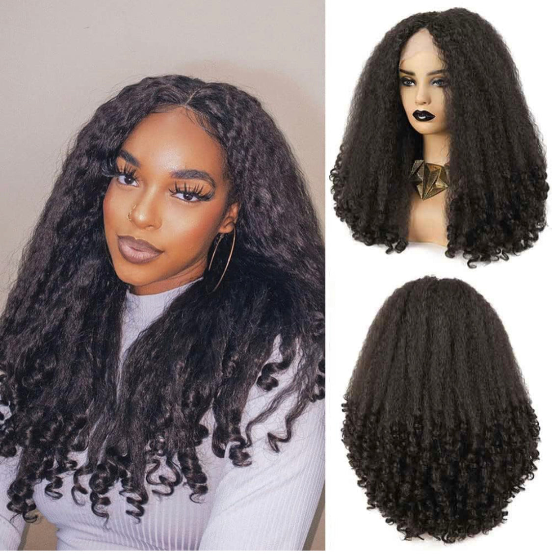 Lushlanes Afro Curly Synthetic Lace Front Wig Kinky Straight with Curly Ends, HD T Part, Transparent Swiss Lace, Bouncy Hair, Dark Brown, Heat Friendly Afro Wigs for Black Women