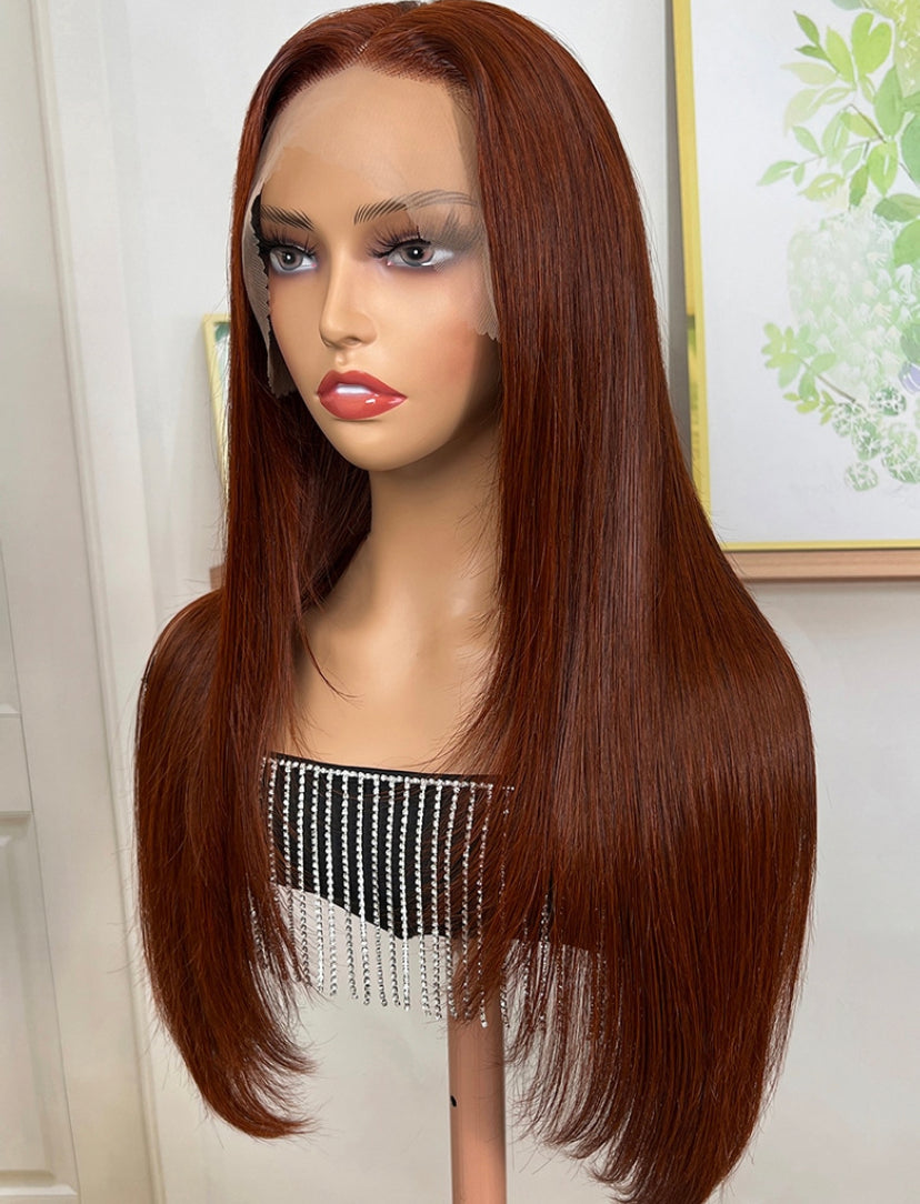 Lushlanes Reddish Brown Pre-Colored Modern Lavered Cut 13×4Transparent Lace Front Layered Cut Straight Season Vibe Wig 150%