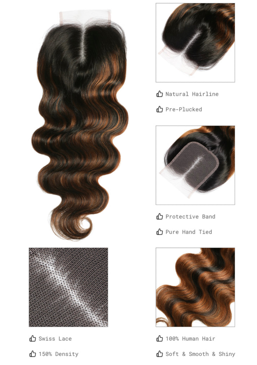 Lushlanes 4x4 Lace Top Closure Body Wave Brown Highlight Color