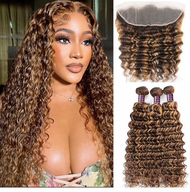 Lushlanes Highlight P4/27 Deep wave 3 Bundles With 13x4 Transparent Lace Frontal Brazilian Hair