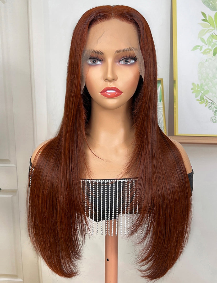 Lushlanes Reddish Brown Pre-Colored Modern Lavered Cut 13×4Transparent Lace Front Layered Cut Straight Season Vibe Wig 150%