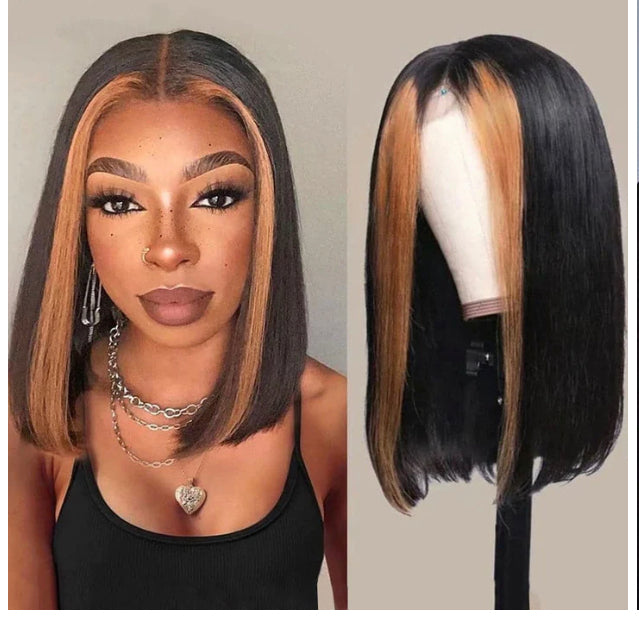 Lushlanes Honey Blonde Highlights Straight Short Bob 13×4 Lace Front Wig Natural Hairline