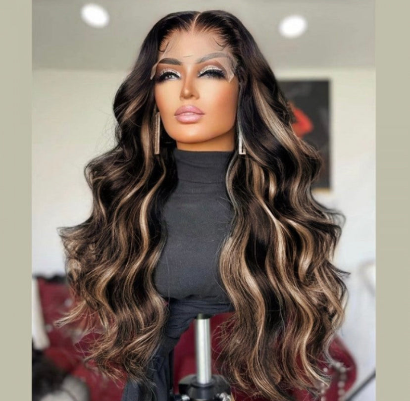 Lushlanes 13x4 Transparent Lace Front Peek A Boo Blonde HighlightsBody Wave Black Wig 150%