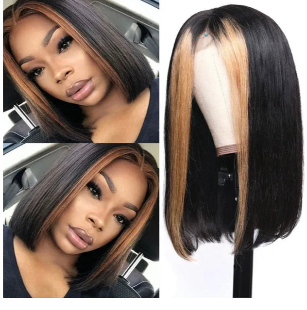 Lushlanes Honey Blonde Highlights Straight Short Bob 13×4 Lace Front Wig Natural Hairline
