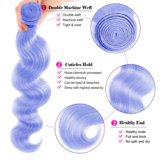 Lushlanes Light Violet Blue Body 3 Bundles With 4X4 Lace Closure Brazilian Human Hair