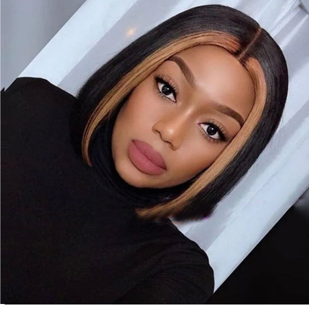 Lushlanes Honey Blonde Highlights Straight Short Bob 13×4 Lace Front Wig Natural Hairline
