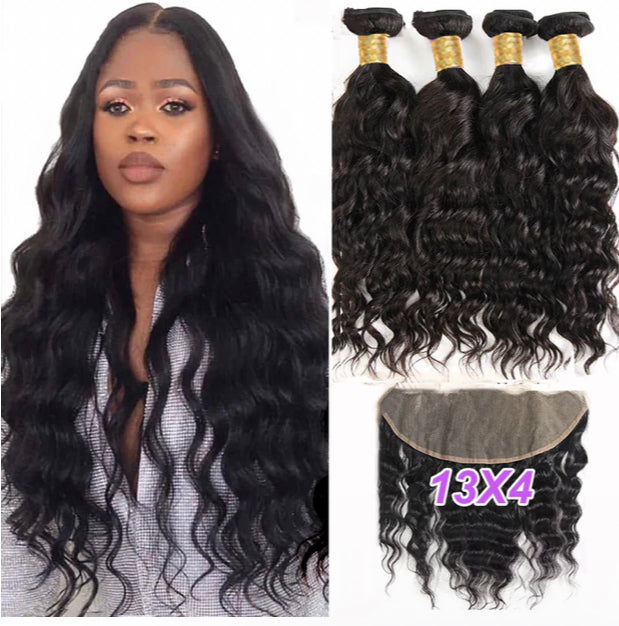 Lushlanes Natural Wave 4 Bundles With 13×4 Lace Frontal 100% Virgin Human Hair Bundles