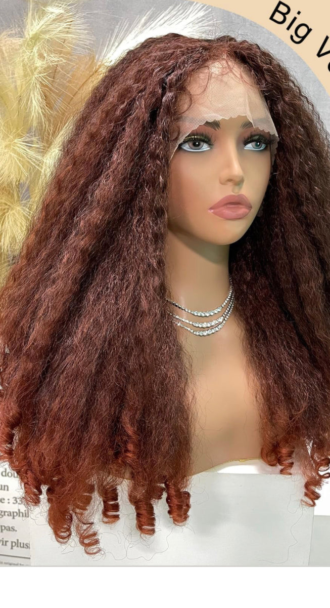 Lushlanes Synthetic Lace Afro Curly with Copper Red T-Part Crimp to Curl, Kinky Straight with Curly Ends, Pre Plucked with Baby Hair, Sheer Swiss Lace, Yaki Texture, Ginger for Women