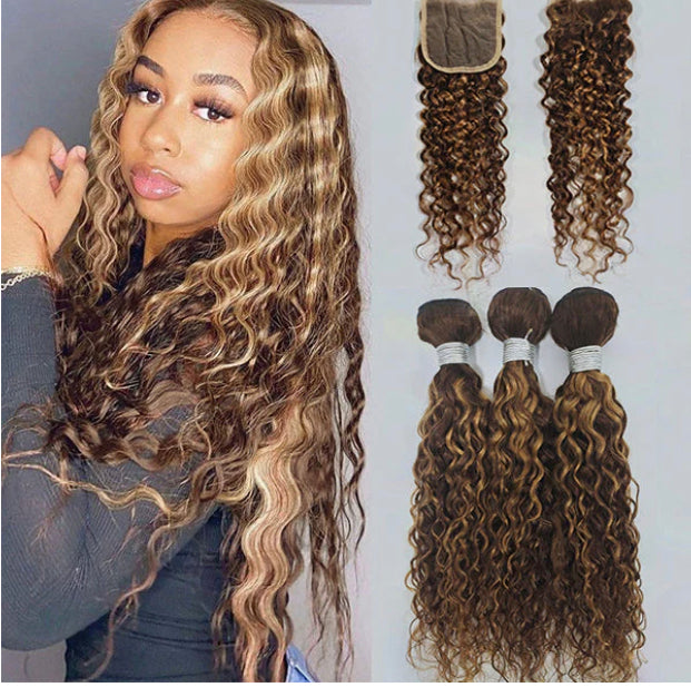Lushlanes Highlight P4/27 Water Wave 3 Bundles With 4X4 Transparent Lace Closure Brazilian Hair