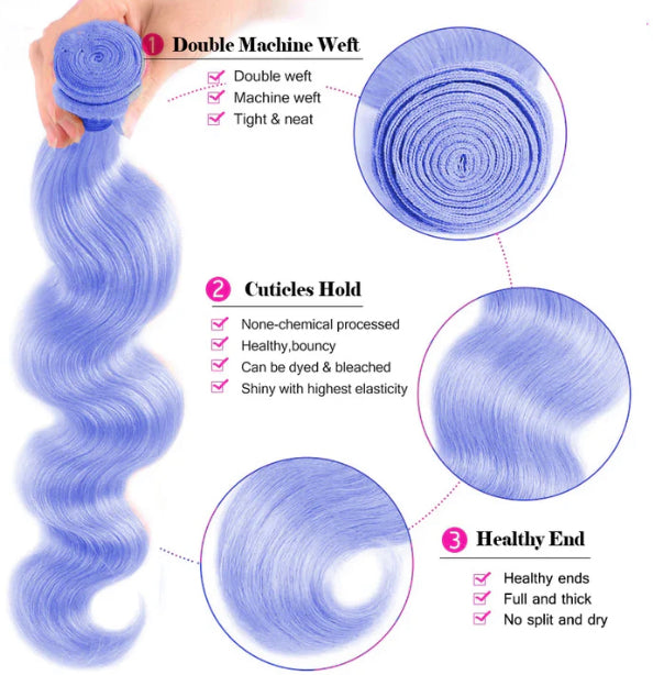 Lushlanes Light Violet Blue Color Body 3 Bundles With 13X4 Lace Frontal Human Hair