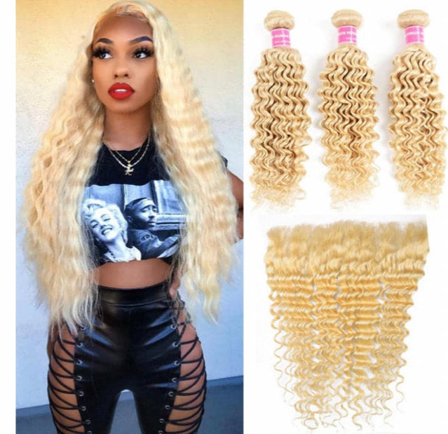 Lushlanes 613 Blonde deep Wave 3 Bundles with 13x4 frontal transparent lace