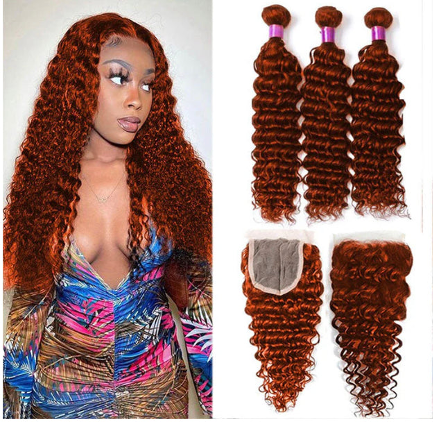 Lushlanes #350 Ginger Deep Wave 3 Bundles With 4x4 Lace Closure Human Hair