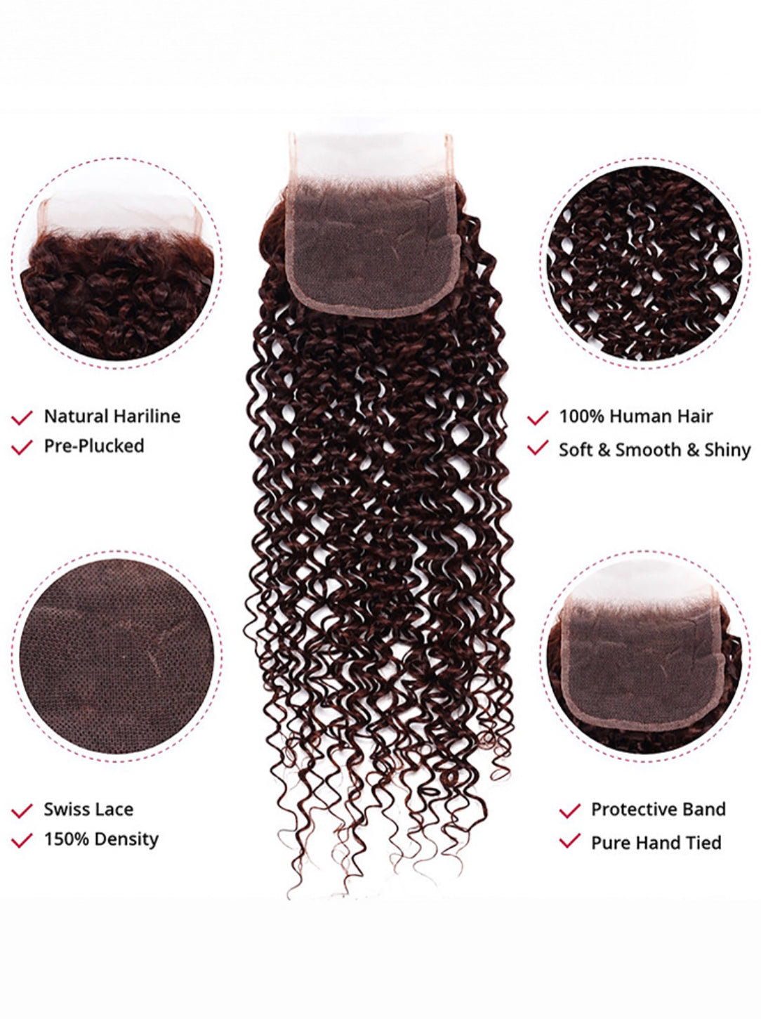 Lushlanes red brown Jerry Curl Remy human hair 4x4 free part closure