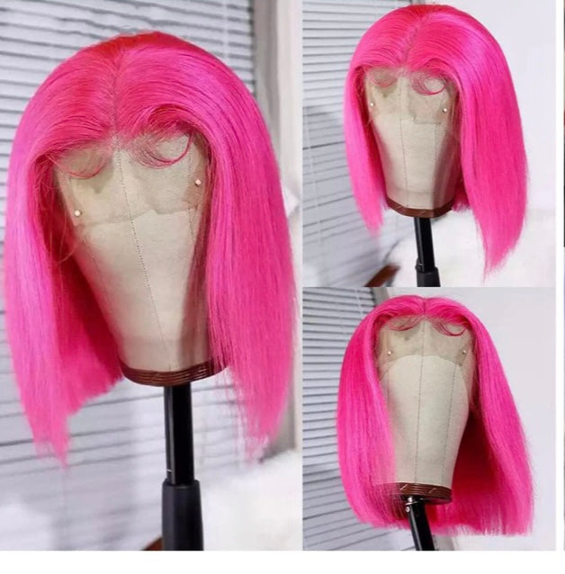 Lushlanes Hot Dark Pink Straight Short Bob Lace Front Wig Human Hair Transparent Lace