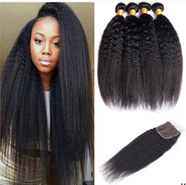 Lushlanes Kinky Straight
Hair 4 Bundles with 4×4
Lace Closure Human Hair
Extensions
