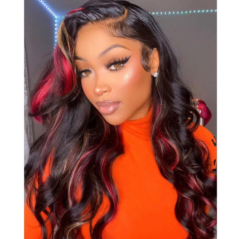Lushlanes Noir avec des reflets rouges et blonds 13 × 4 Lace Front Perruque Loose Wave rouge et blonde 150%