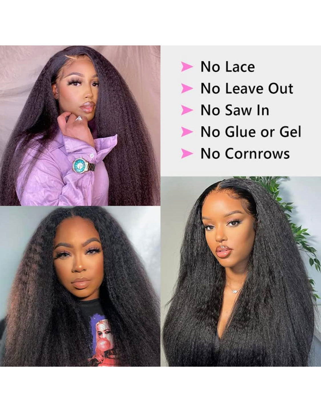 Lushlanes Perruques de cheveux humains V Part pour femmes noires, cheveux crépus raides 12A, cheveux vierges sans dentelle, perruques de cheveux humains, tête complète à clipser, demi-perruque 150 %