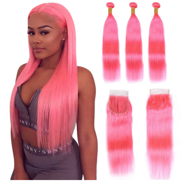 Lushlanes Light Pink Color Straight Hair 3 Bundles with 4x4 HD Lace Closure Human Hair Extensions
