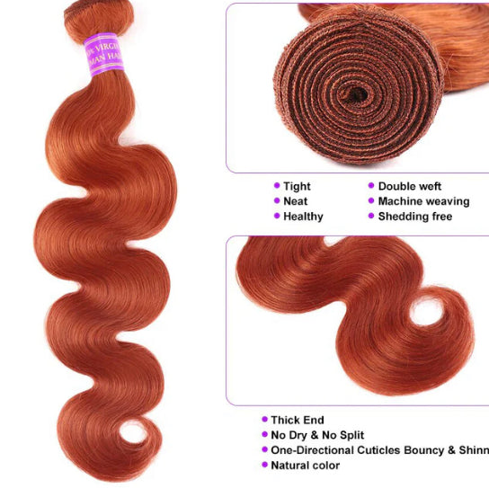 Lushlanes #350 Orange Color Body Wave 3 Bundles With 13X4 Lace Frontal Human Hair