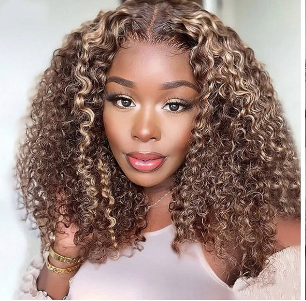Lushlanes Balayage Blonde Faits Saillants P4/27 Bouclés Bob Perruque Courte Cheveux Humains Avant de Lacet Court Bob Perruques