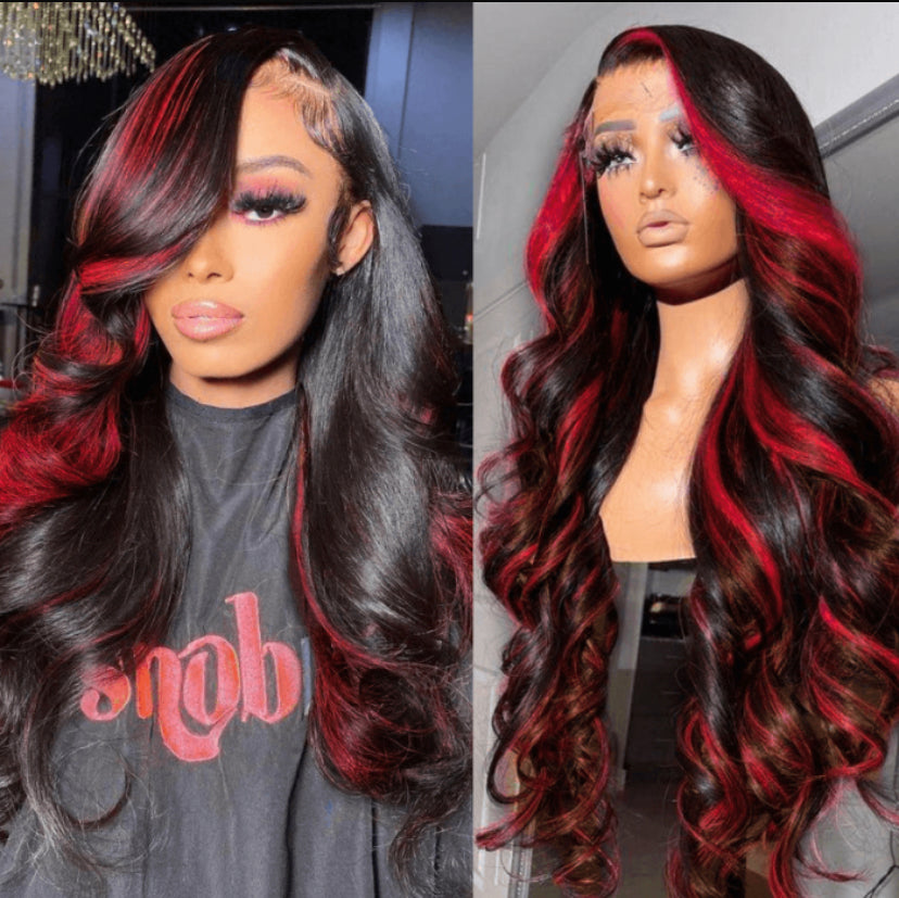 Lushlanes Dark Burgundy With Rose Red Highlights 13×4 Transparent Lace Front Loose Wave Wig 150% Density