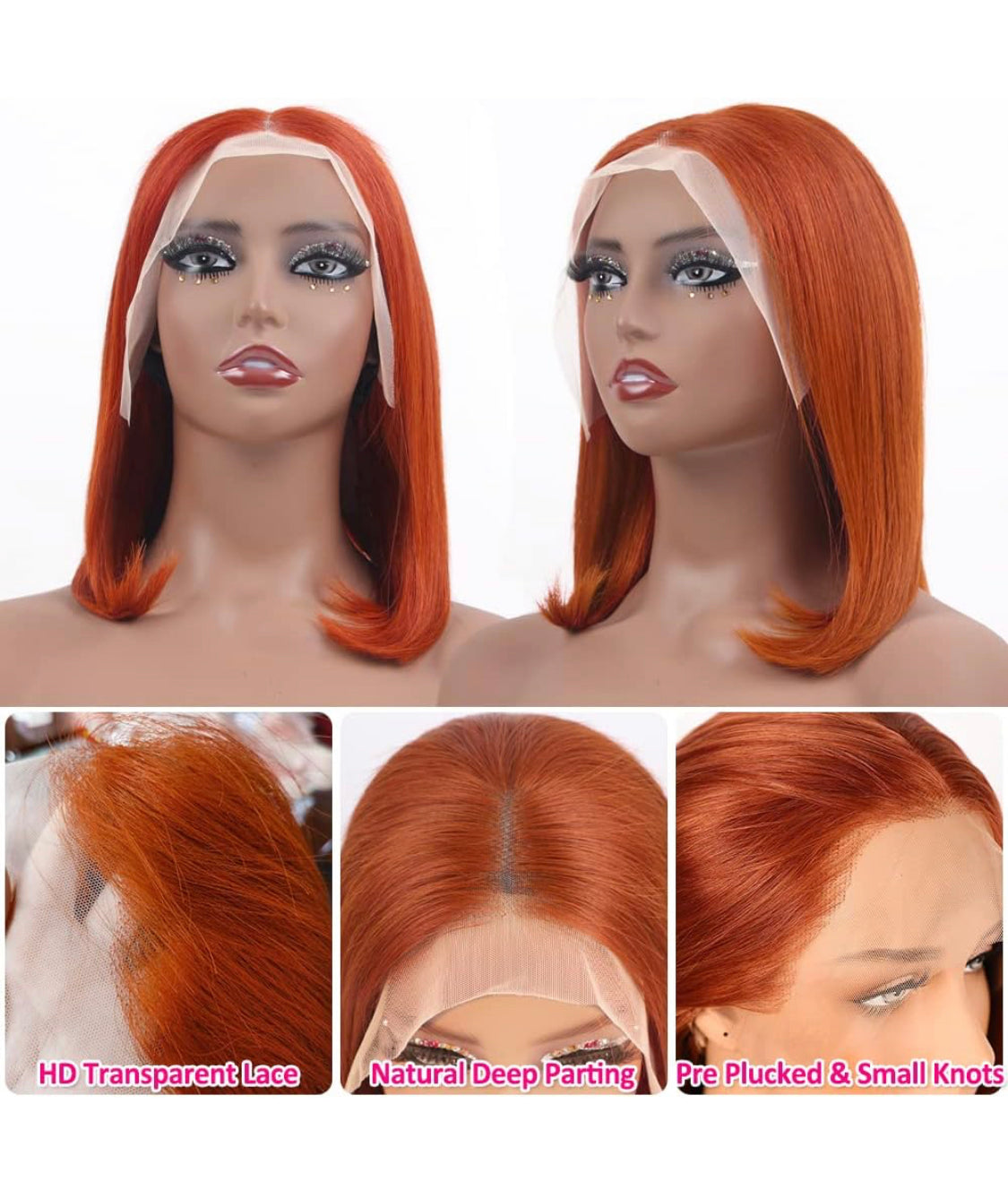 Lushlanes Ginger Orange Bob Human Hair Wig 13x4 HD Lace Front Human Hair Wigs Pre Plucked with Small Knots 350# Colored Lace Front Wigs Bob Straight Wigs for Black Women 150%