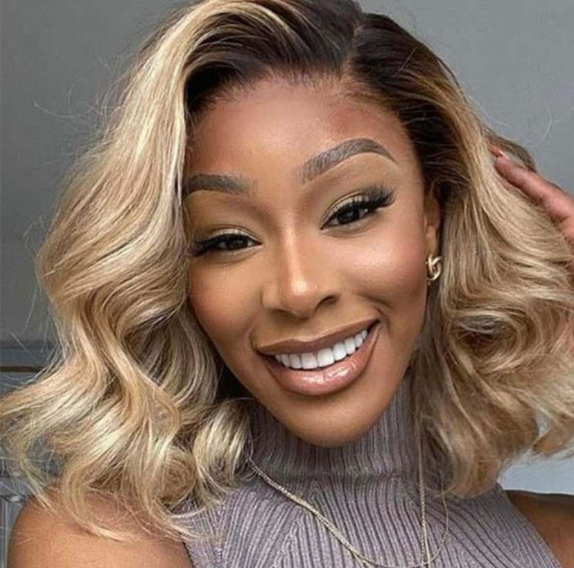 Lushlanes 613 Blonde With Brown Roots 13×4 Lace Front Straight bob Wig 180% Density