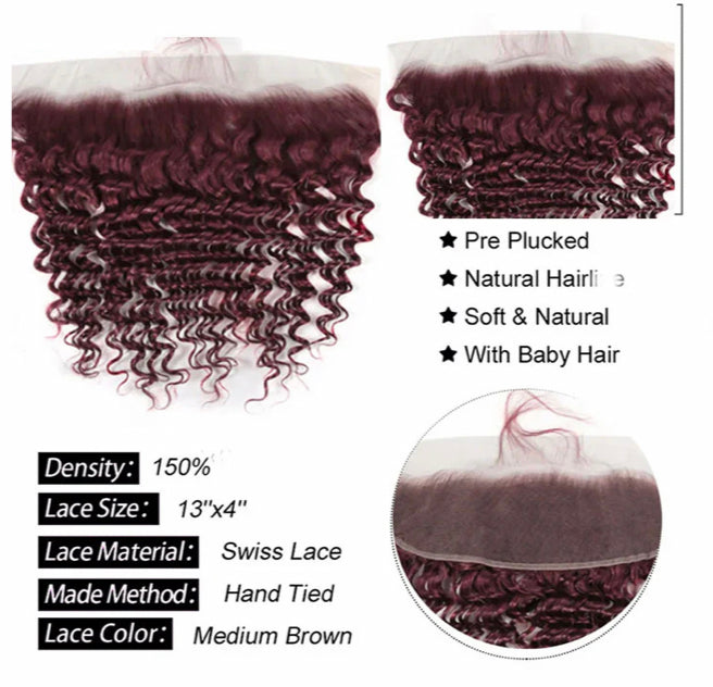 Lushlanes Red Bundles #99; Deep Wave 3 Bundles With 13x4 HD Lace Frontal Human Hair