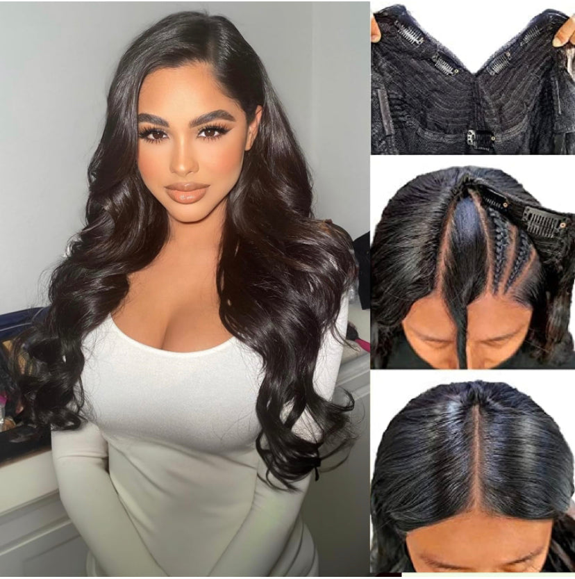 Lushlanes V Part Wig Cheveux Humains Vague de Corps Perruques de Cheveux Humains Brésiliens pour Femmes Noires Sans ColleTête Complète Clip en Demi Perruque Forme en V Perruques Sans laisser de côté Couleur Naturelle 150%