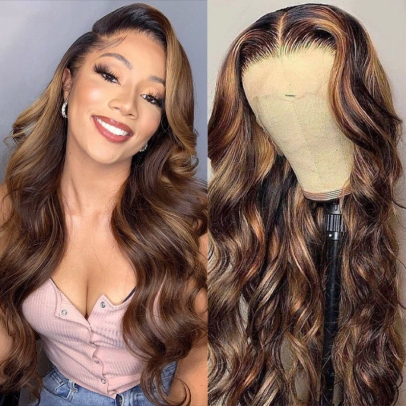 Lushlanes Balayage Highlights Transparent Lace Front Wigs BodyWave Human Hair Wigs 150% Density