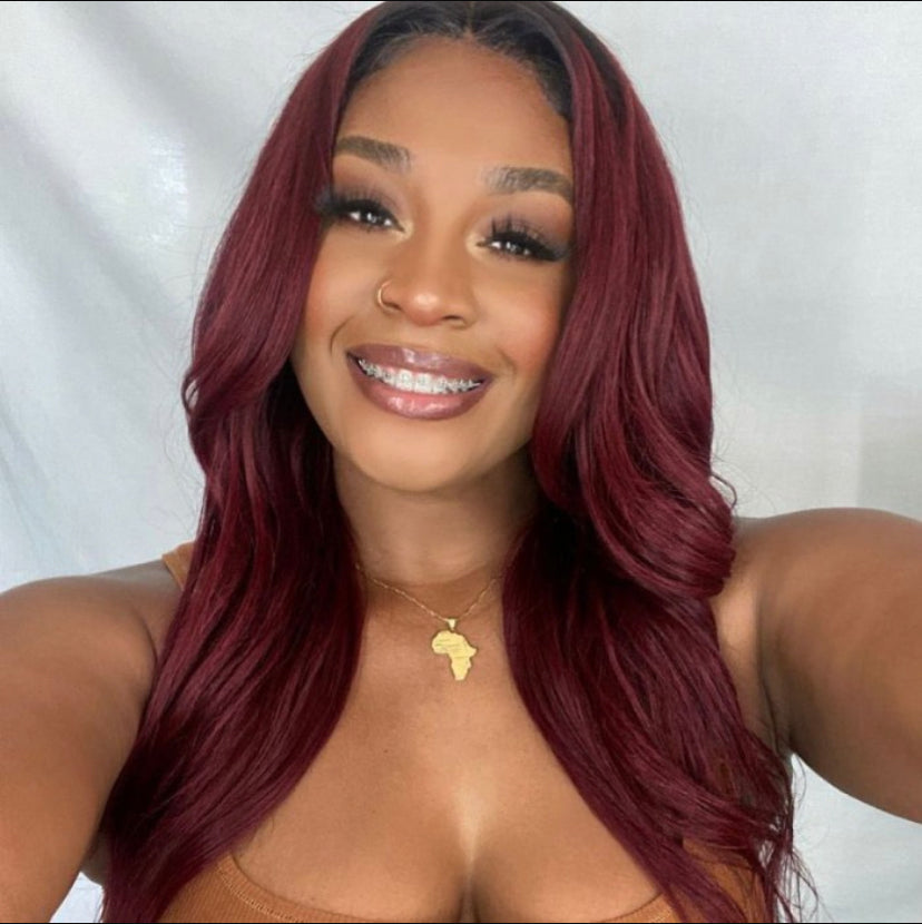 Lushlanes 13×4 Lace Front Burgundy Red With Dark Roots Body Wave Wig 150% Density