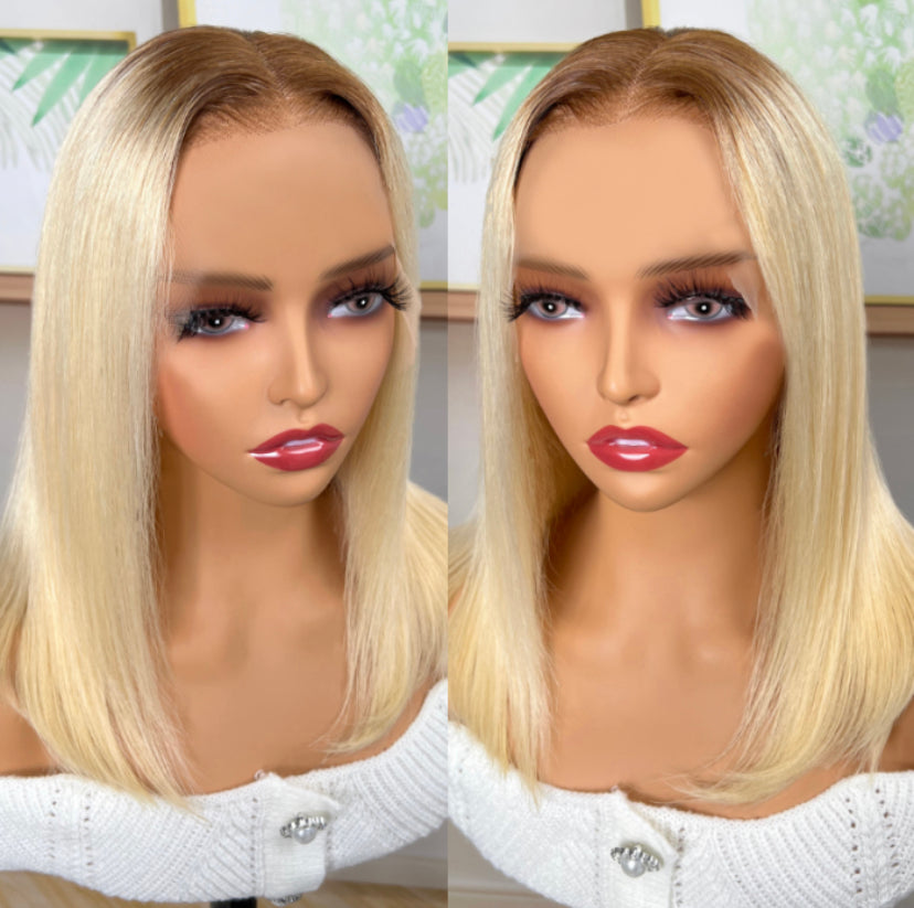 Lushlanes 613 Blonde With Brown Roots 13×4 Lace Front Straight bob Wig 150% Density