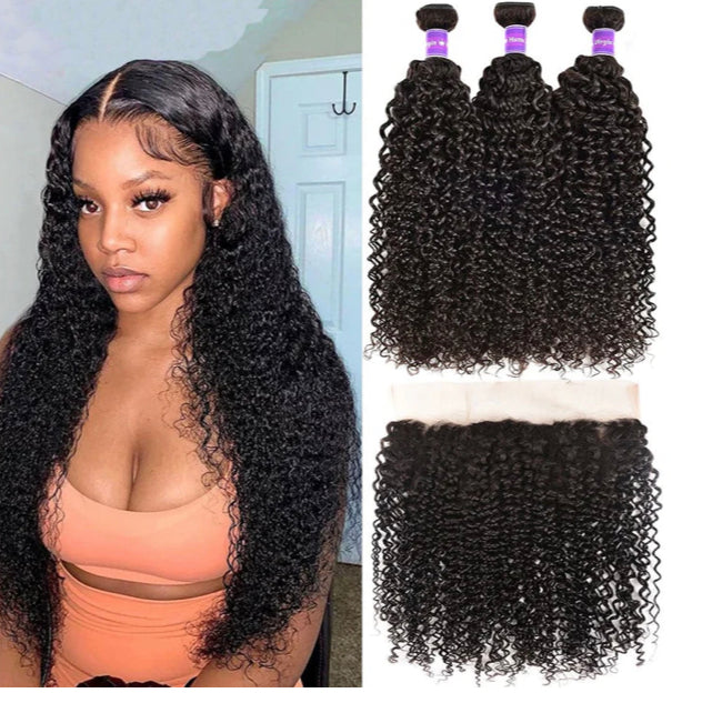 Lushlanes Malaysian Kinky Curly 3 Bundles with 13*4 Lace Frontal Virgin human Hair