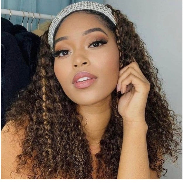 Lushlanes Honey Blonde Highlight Color Kinky Curly Headband Wig Human Hair Wigs