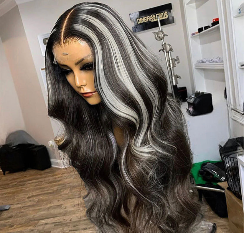 Lushlanes Grey Highlights Wig frontal wig human hair 13x4 for black women 180% Density