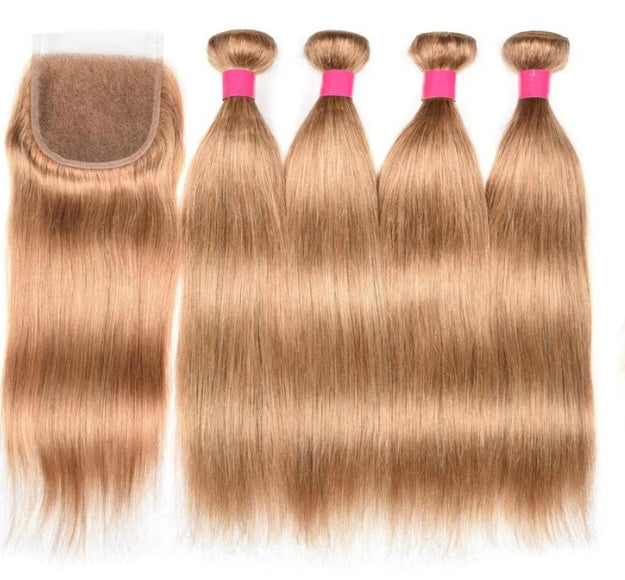 Lushlanes # 27 cheveux raides châtain clair 4
Faisceaux avec fermeture en dentelle 4 × 4 pré
Cheveux humains colorés
