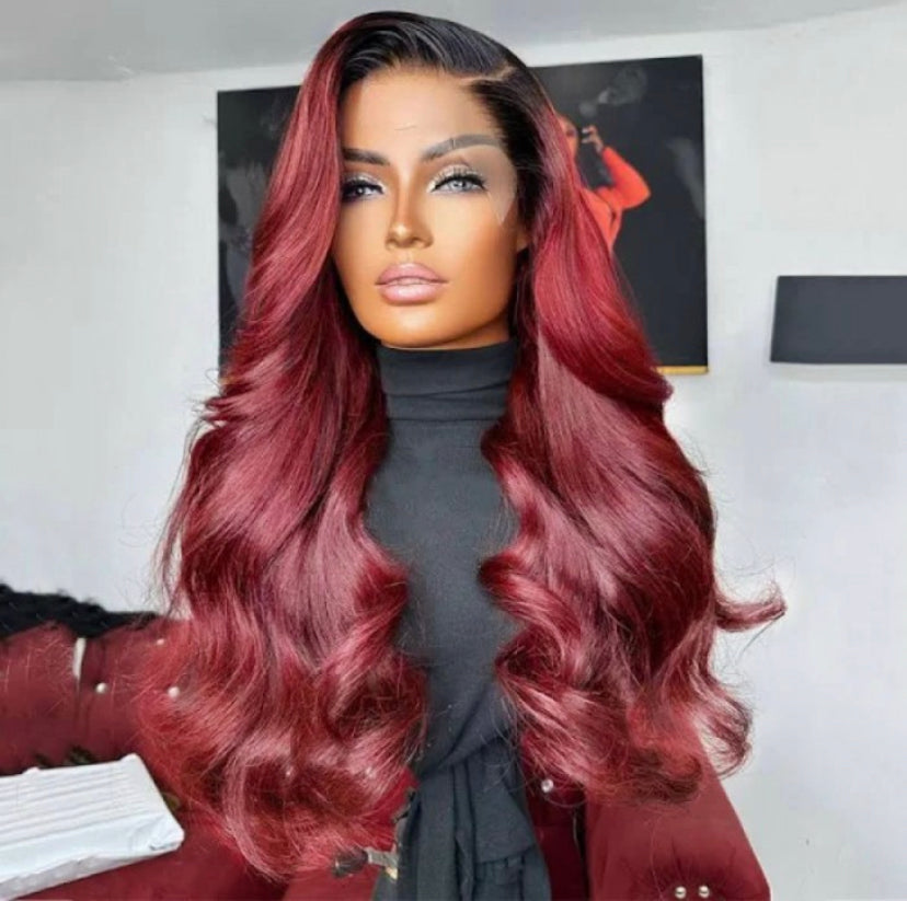 Lushlanes 13×4 Lace Front Burgundy Red With Dark Roots Body Wave Wig 150% Density