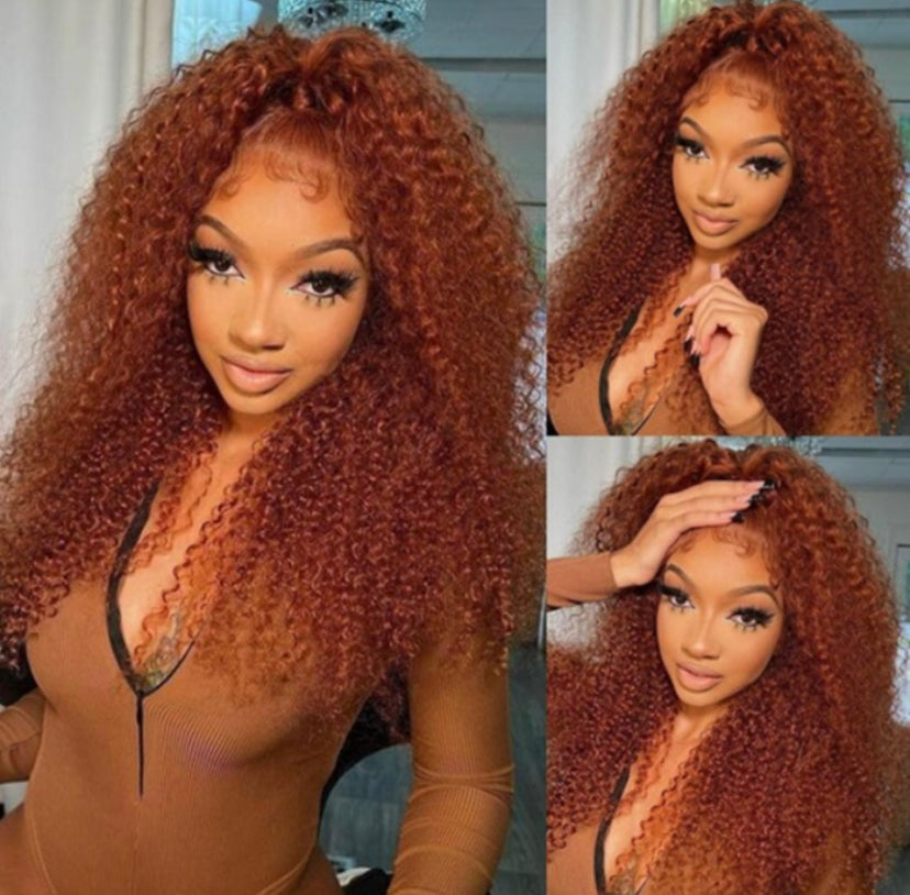Lushlanes Medium Auburn Jerry Curly Human Hair Glueless Lace Wig 150%