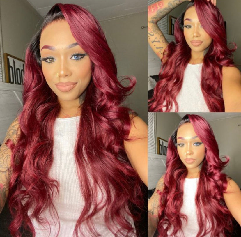 Lushlanes 13×4 Lace Front Burgundy Red With Dark Roots Body Wave Wig 150% Density