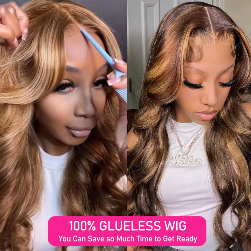 Lushlanes Glueless Wigs Human Hair 5×5 HD Lace Closure, Body Wave Ombre Highlight Honey Blonde 180%