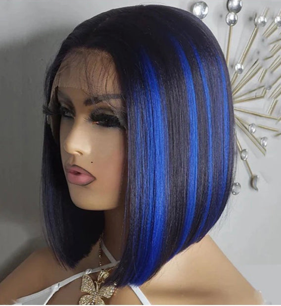 Lushlanes Highlight Blue 13x4 Lace Front Straight Bob Wig Humain Hair Transparent Lace Frontal Wigs For Black Women