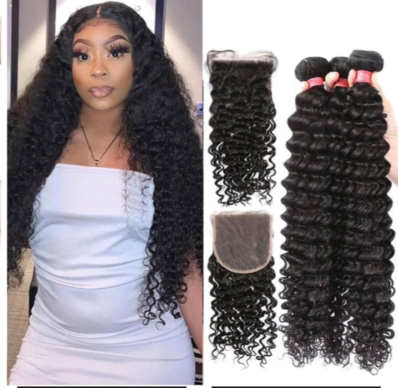 Lushlanes vague profonde 3 paquets avec fermeture 4 × 4 dentelle transparente tissage de cheveux humains péruviens Remy