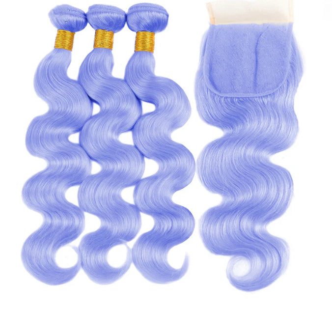 Lushlanes Light Violet Blue Body 3 Bundles With 4X4 Lace Closure Brazilian Human Hair