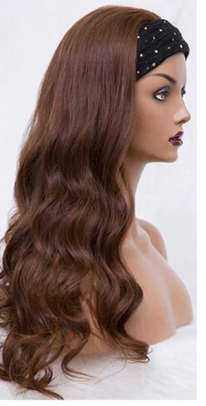 Lushlanes Color #4 Brown Body Wave Headband Human Hair Wigs For Black Woman No-Lace