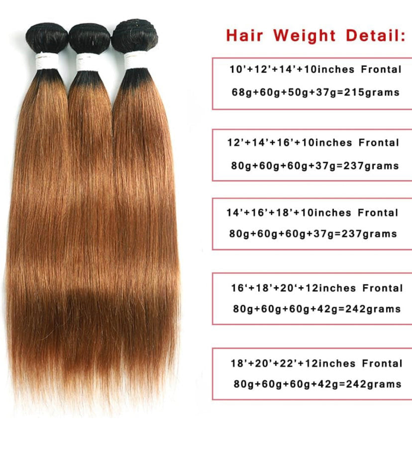 Lushlanes Hair Bundles
with Frontal Ombre Brown
T1B/30 Color Lace Frontal
Closure With Bundles
Remy 100% Human Hair
Weave With Frontal